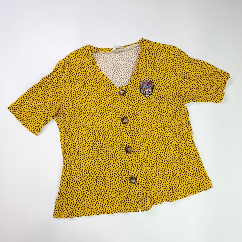 Dash of Pep Yellow Polka Dot Cheetah Print Streetwear Patch Indie Artsy Blouse M